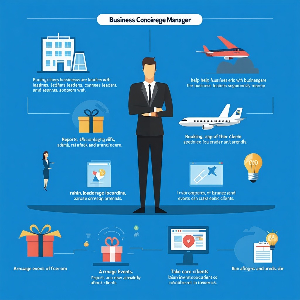 An image showing a business concierge manager who help business leaders with admin reports gifts booking trips arrange events take care of clients run arrends etc-1