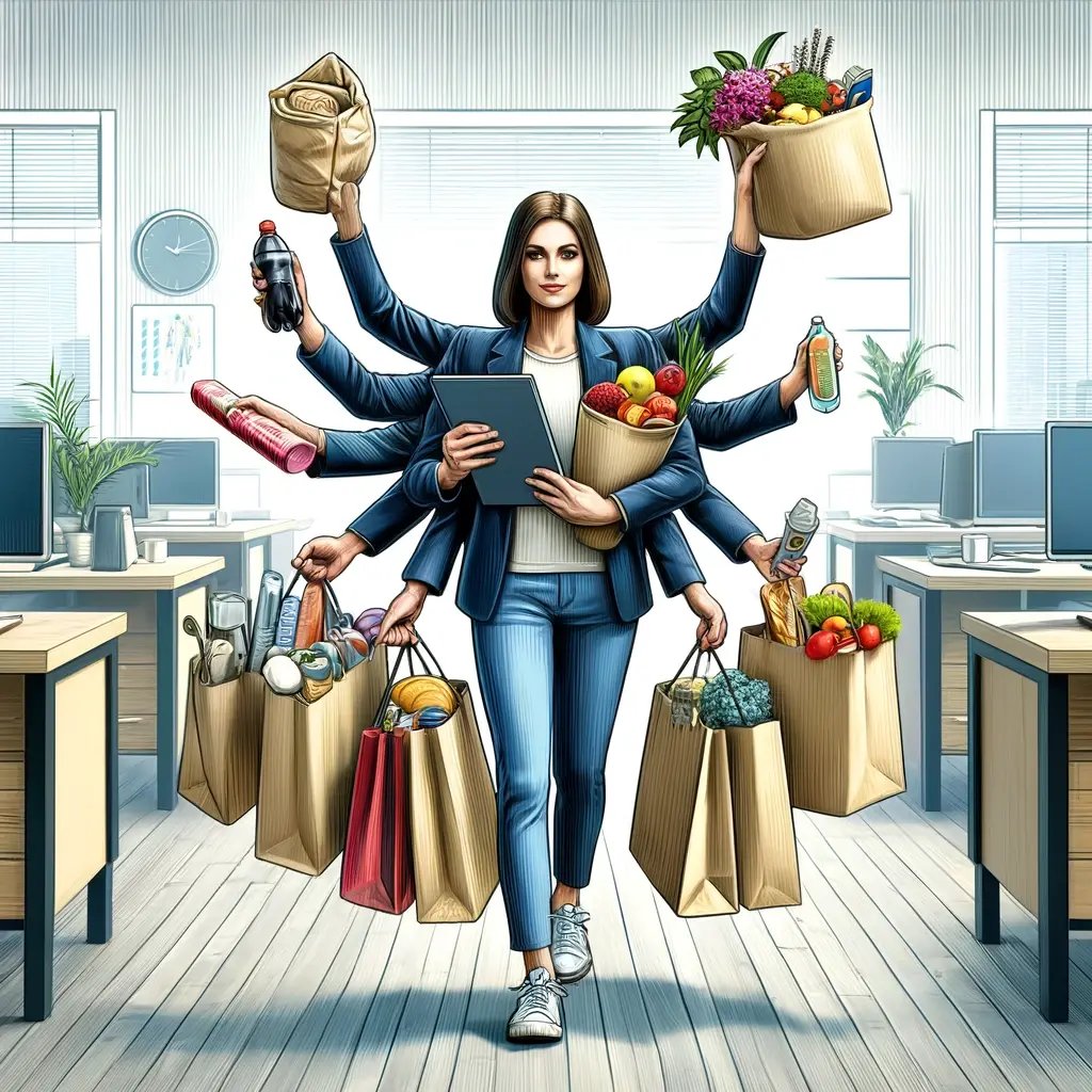 DALL·E 2024-05-21 13.15.16 - A depiction of a Personal Shopper with multiple arms, each holding items that she is purchasing for an office. The items include flowers, groceries, o